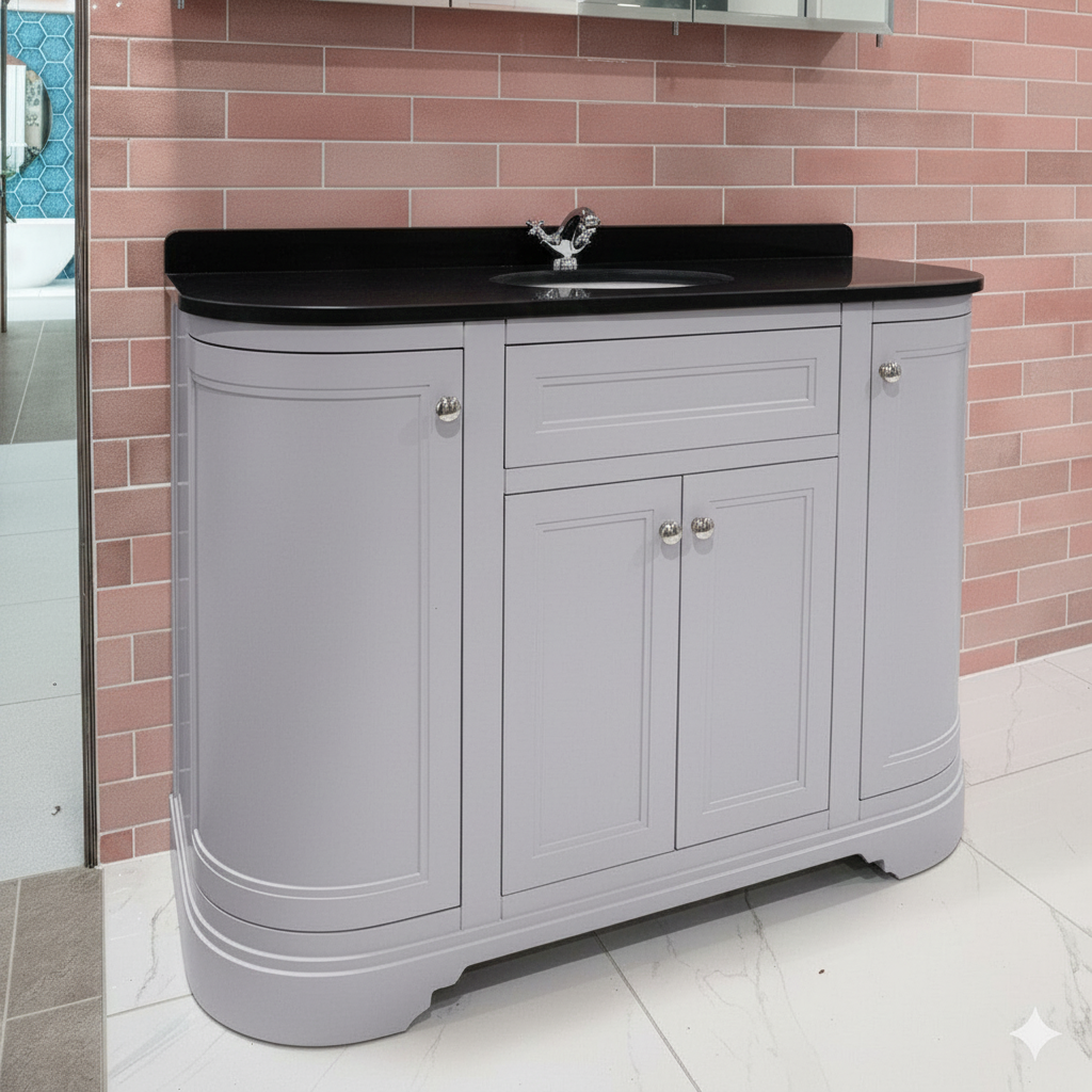 Kingsbury Classic Curved 1200mm Floor Standing Vanity Unit, Black Worktop & Ceramic Basin - Light Grey