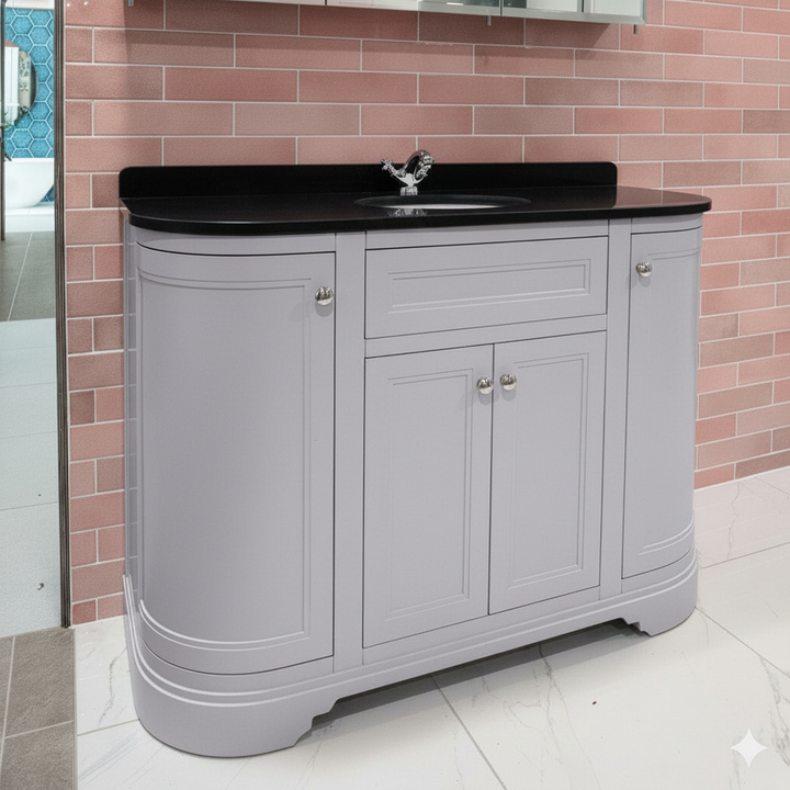 Kingsbury Classic Curved 1200mm Floor Standing Vanity Unit, Black Worktop &amp; Ceramic Basin - Light Grey