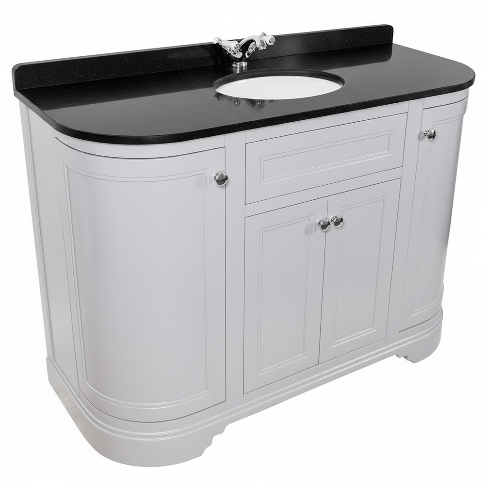 Kingsbury Classic Curved 1200mm Floor Standing Vanity Unit, Black Worktop & Ceramic Basin - Light Grey