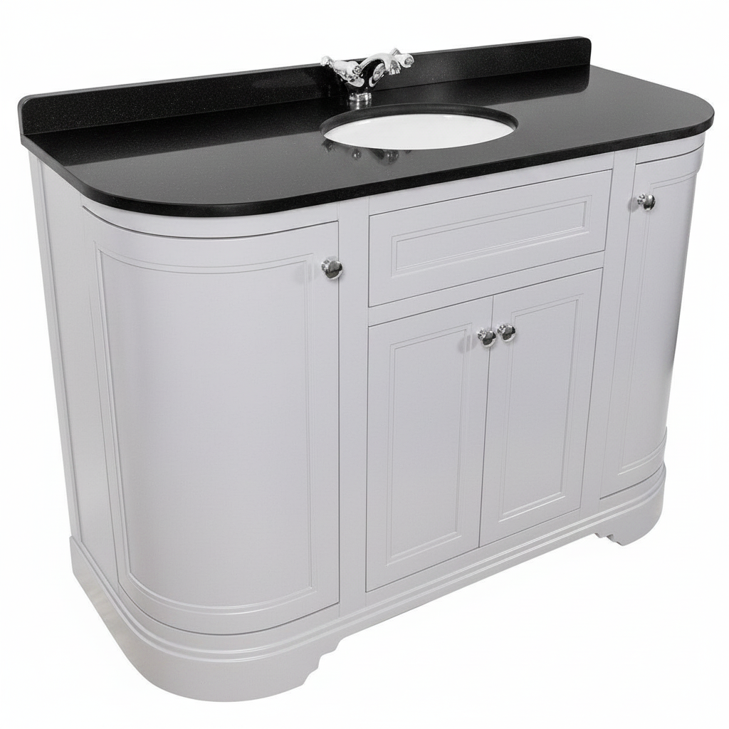 Kingsbury Classic Curved 1200mm Floor Standing Vanity Unit, Black Worktop &amp; Ceramic Basin - Light Grey