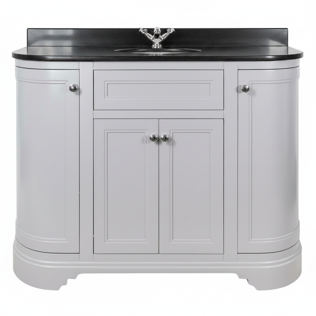 Kingsbury Classic Curved 1200mm Floor Standing Vanity Unit, Black Worktop &amp; Ceramic Basin - Light Grey