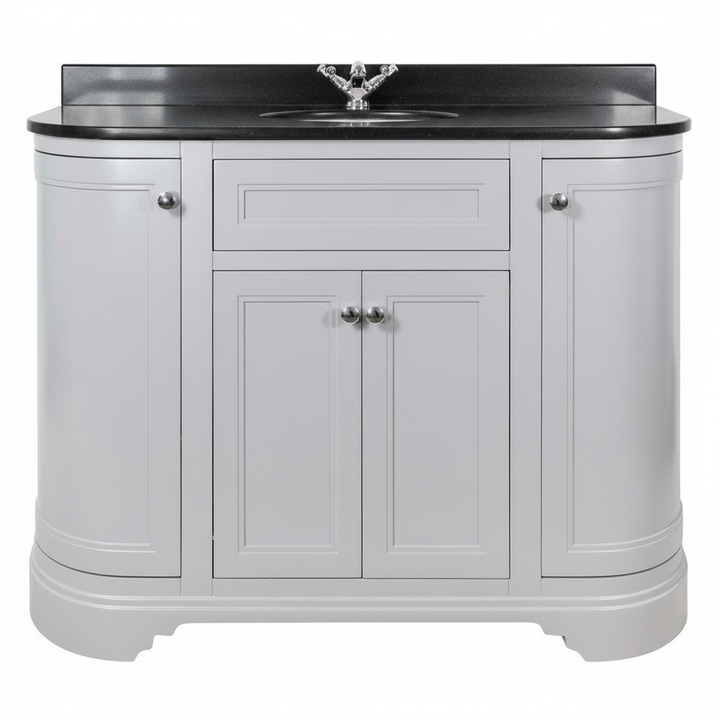 Kingsbury Classic Curved 1200mm Floor Standing Vanity Unit, Black Worktop &amp; Ceramic Basin - Light Grey
