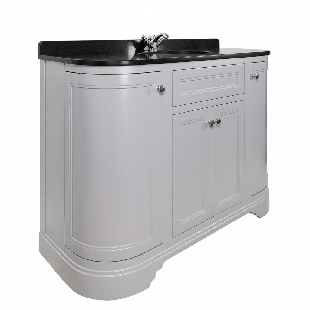 Kingsbury Classic Curved 1200mm Floor Standing Vanity Unit, Black Worktop &amp; Ceramic Basin - Light Grey