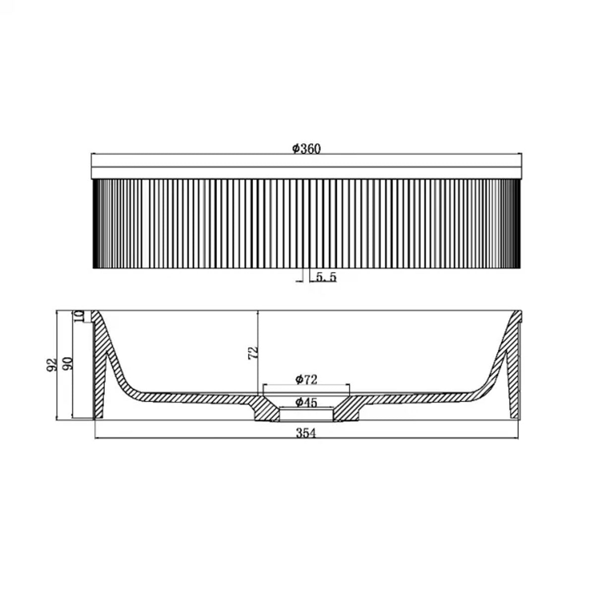 Flauto 360mm Countertop Basin - Brushed Bronze - Technical drawing