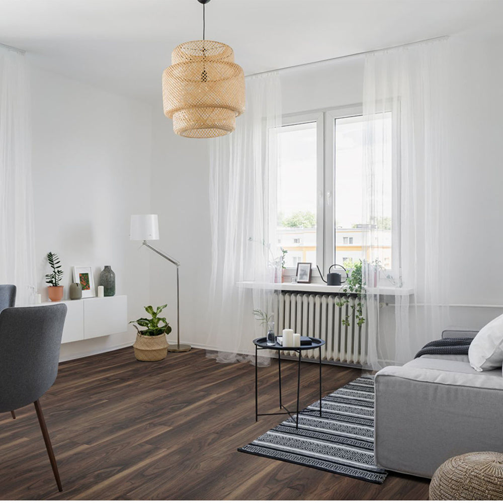 Dark Walnut 12mm Laminate Wooden Flooring - 1288 x 195 x 12 mm - 1.51sqm Per box