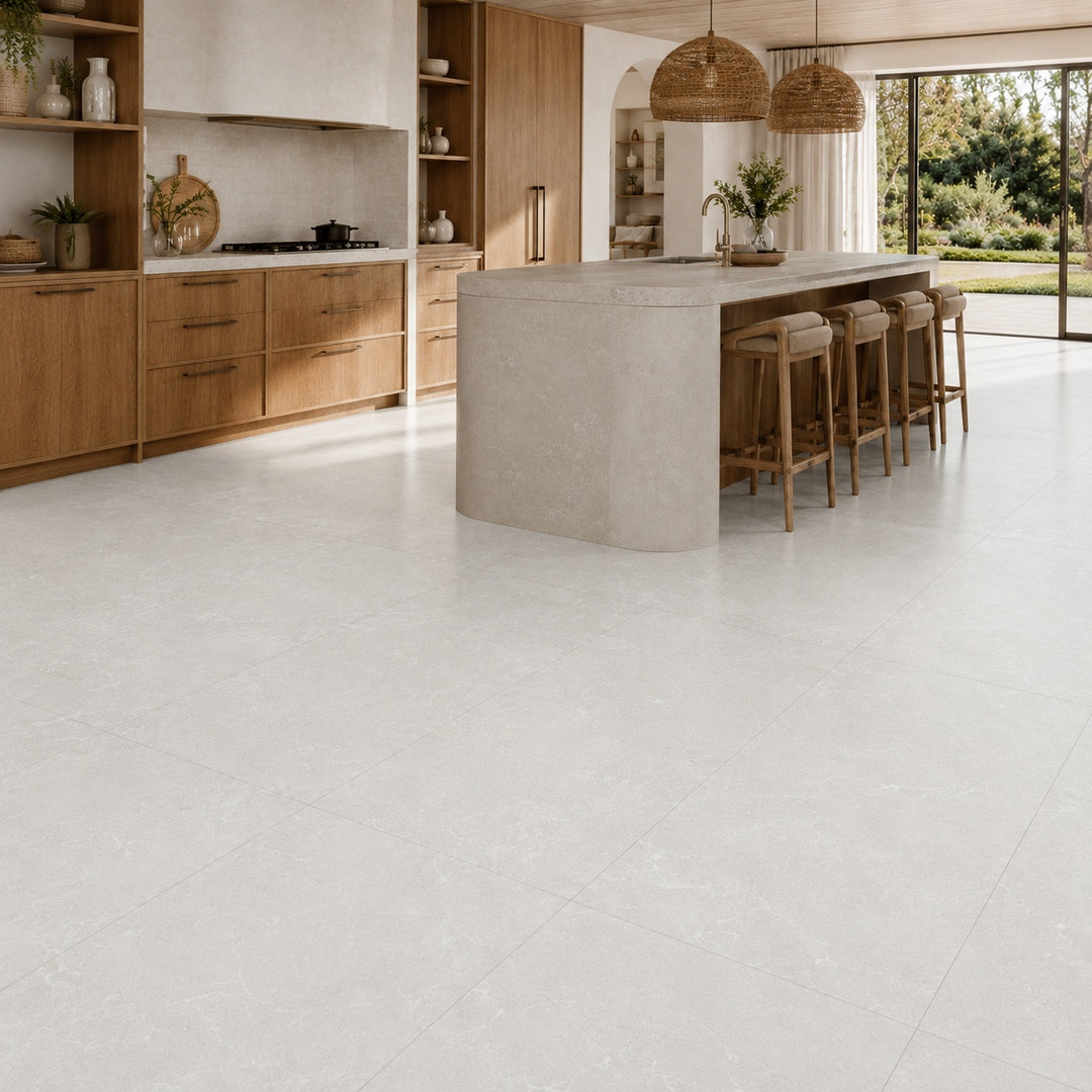 Limestone Cold Matt 60 x 120cm rectified porcelain tiles with a contemporary light grey limestone-effect finish, creating a seamless modern look across floors and walls.