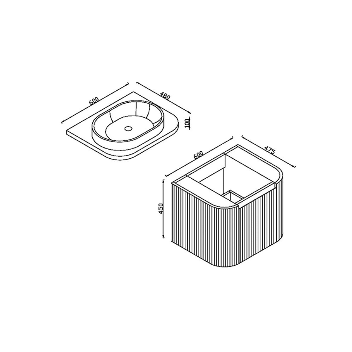 Flauto 600mm Reed Green Vanity Unit with Basin - Technical drawing