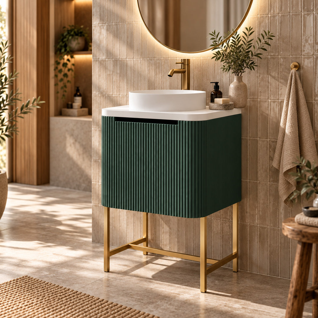 Flauto 600mm Reed Green Vanity Unit with Basin and Brushed Brass Frame