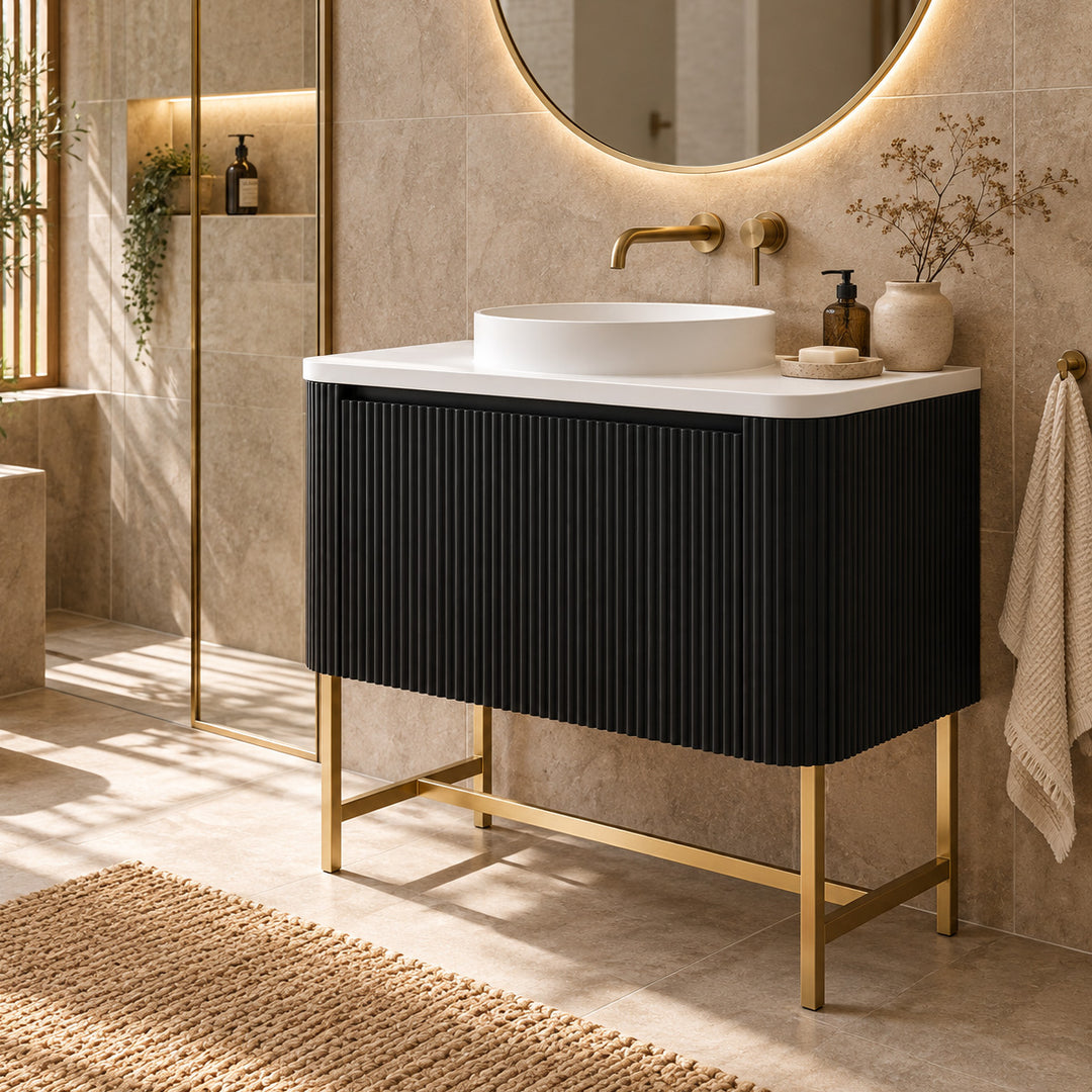 Flauto 900mm Matt Black Vanity Unit with Basin and Brushed Brass Frame