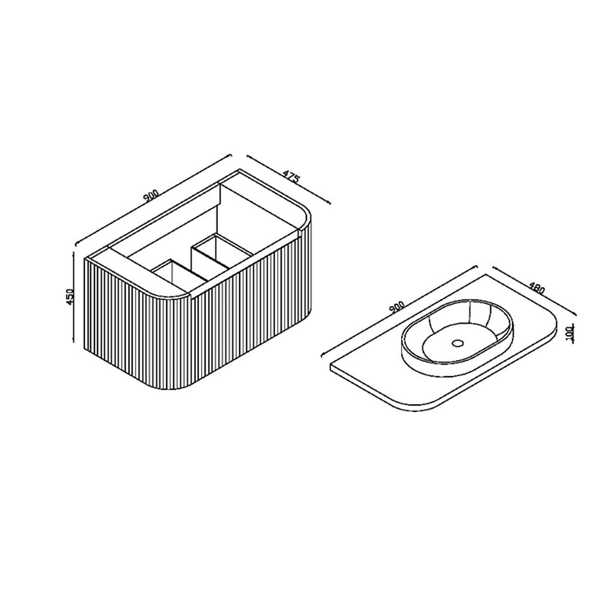 Flauto 900mm Matt Black Vanity Unit with Basin - Technical drawing