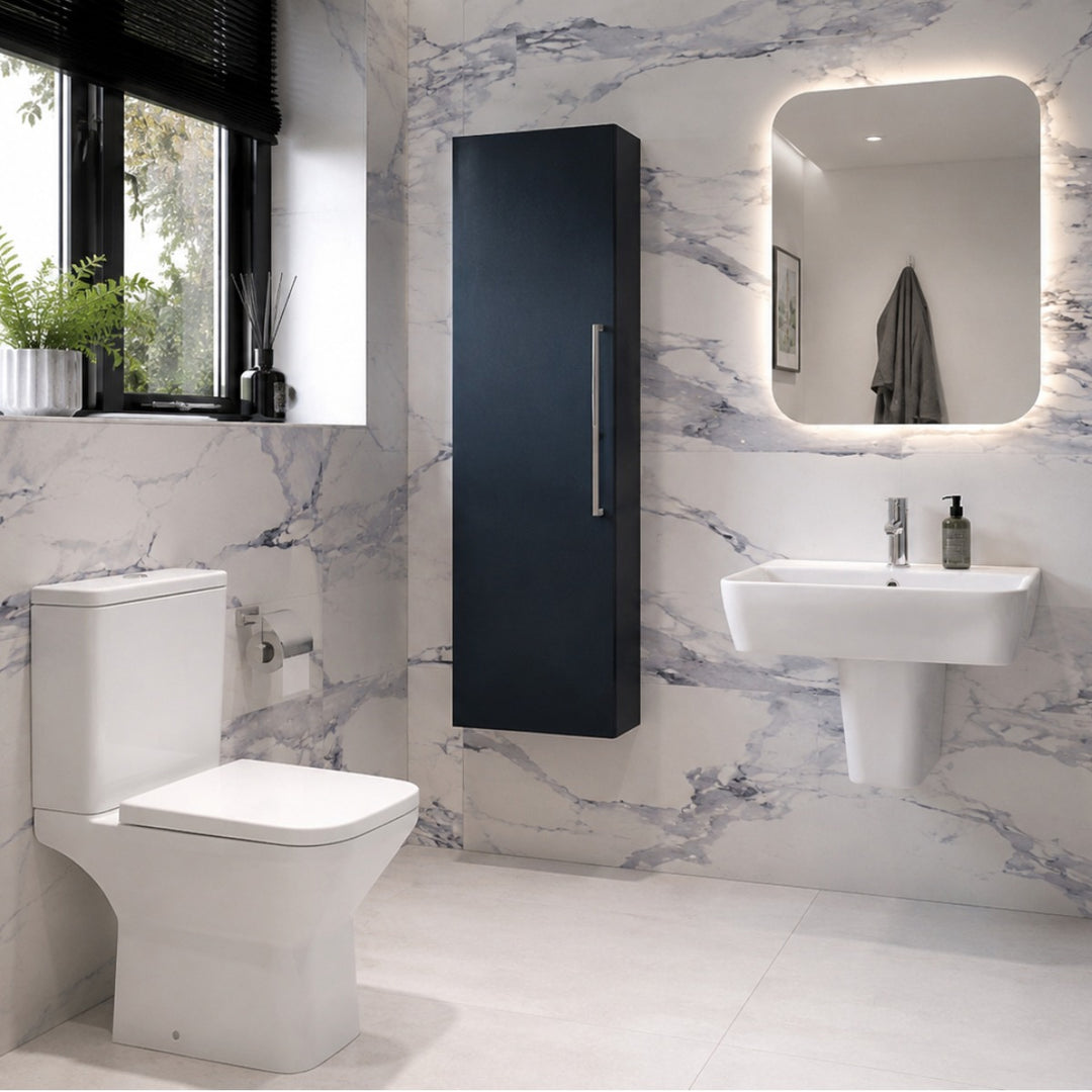Linea Modern Sink, Toilet and Tall Storage Pack with 550mm white basin, semi pedestal, Toilet, Indigo tall unit, chrome basin mixer and backlit LED mirror.