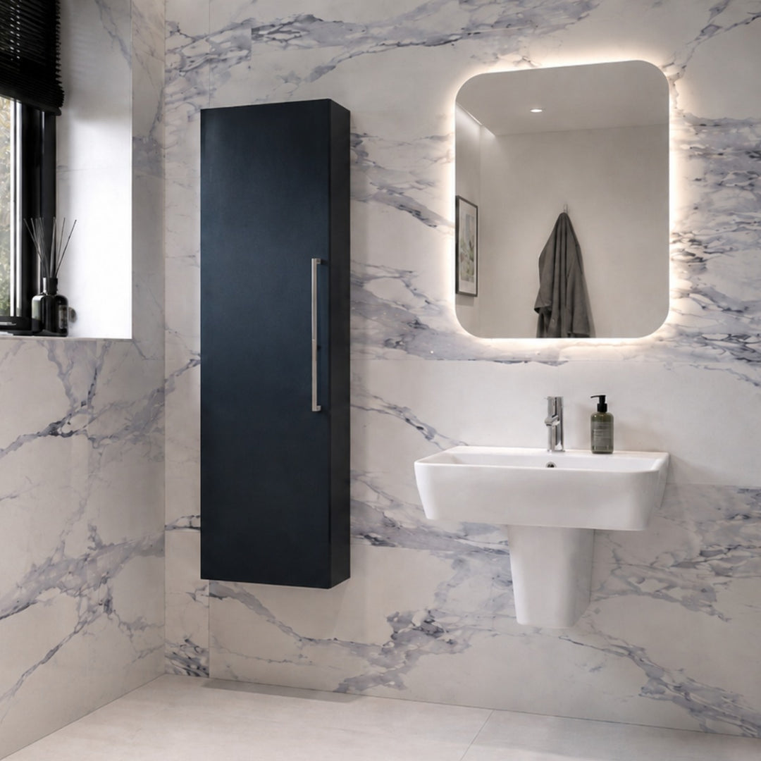 Linea Modern Sink and Tall Storage Pack with 550mm white basin, semi pedestal, Indigo tall unit, chrome basin mixer and backlit LED mirror.