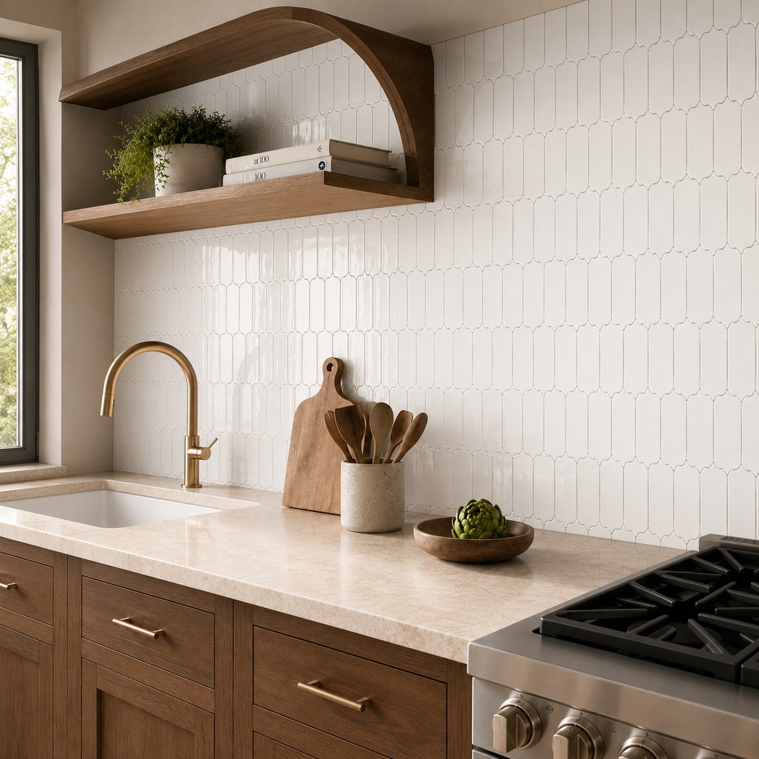 Lantern White Gloss 25.92 x 26.7cm mosaic sheet featuring glossy white lantern-shaped tiles, adding timeless elegance and texture to kitchens and bathrooms.