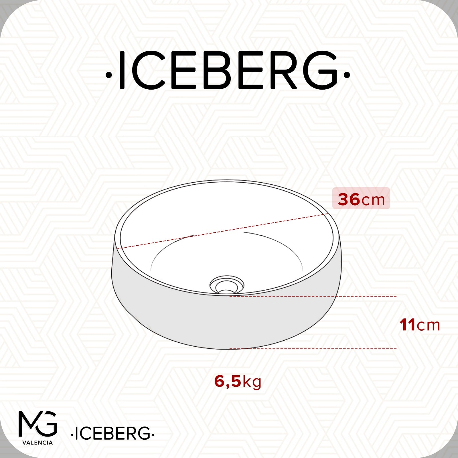 Iceberg Fluted Glass Round Bowl 36 x 36 x 11cm - Clear - Technical drawing