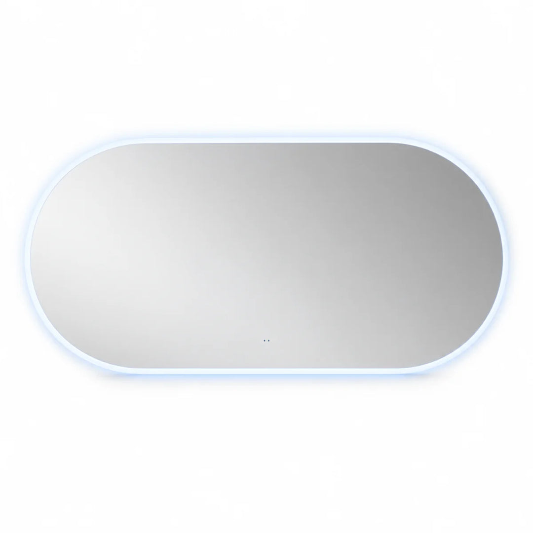 Front view of the Tablet 1200mm x 600mm oval LED mirror with a blue backlit glow around the edge and sensor dots at the bottom