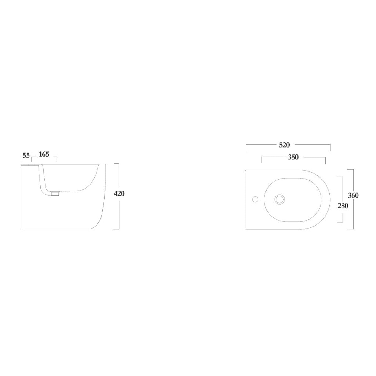 MILADY Floor Standing back to wall bidet - 520 x 360mm - Technical drawing