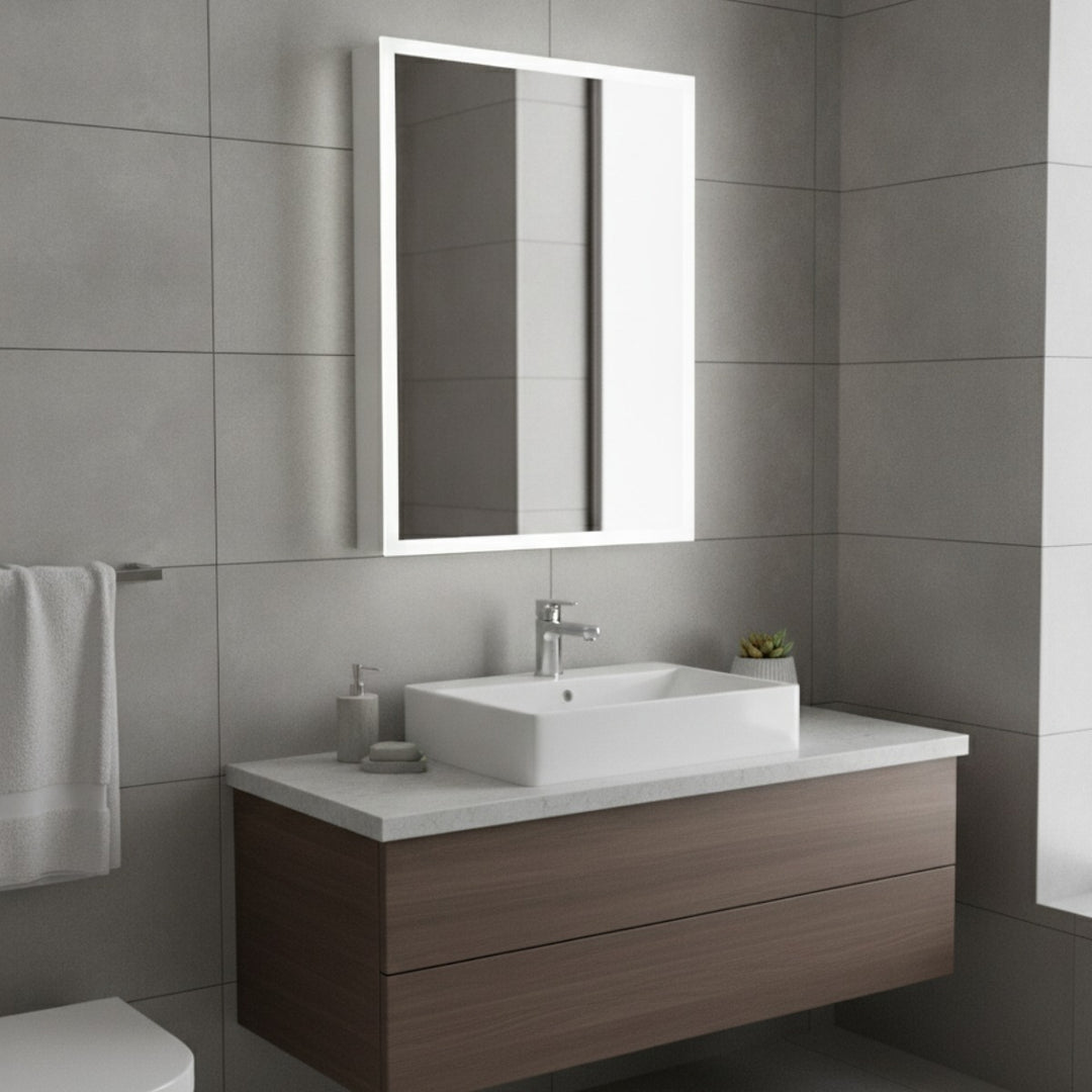 Bella LED Mirror Cabinet 700 x 500mm Single Door and Shaver in Matt Silver