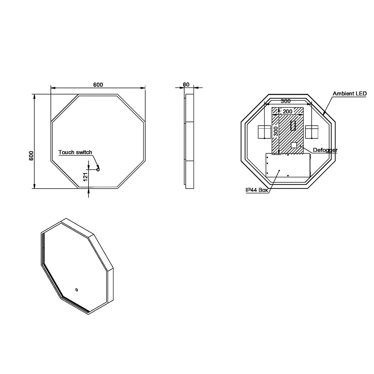 Eliseo Ricci Octagonal 600 x 600mm Led Mirror with Black Frame - Technical drawing