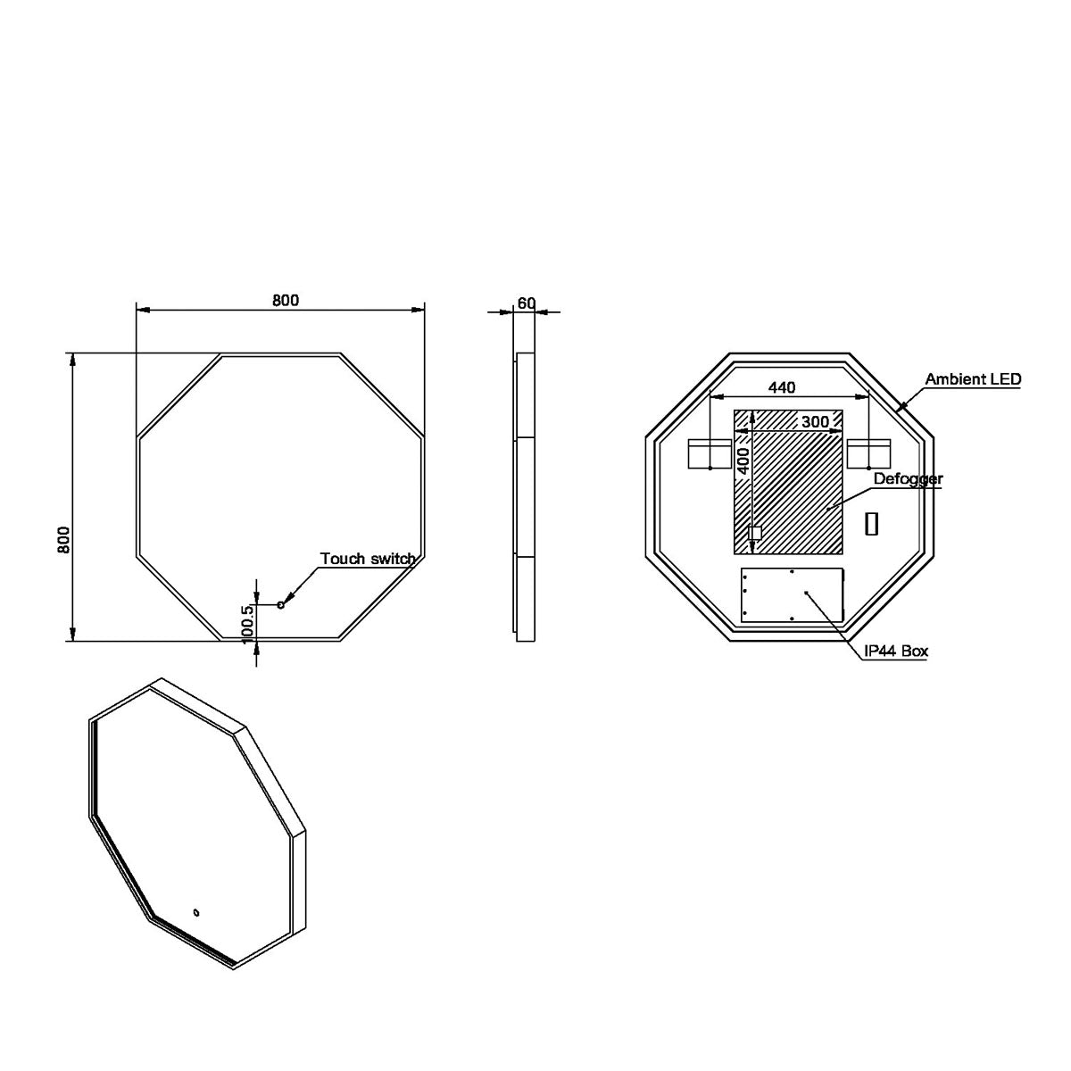 Eliseo Ricci Octagonal 800 x 800mm Led Mirror with Black Frame - Technical drawing