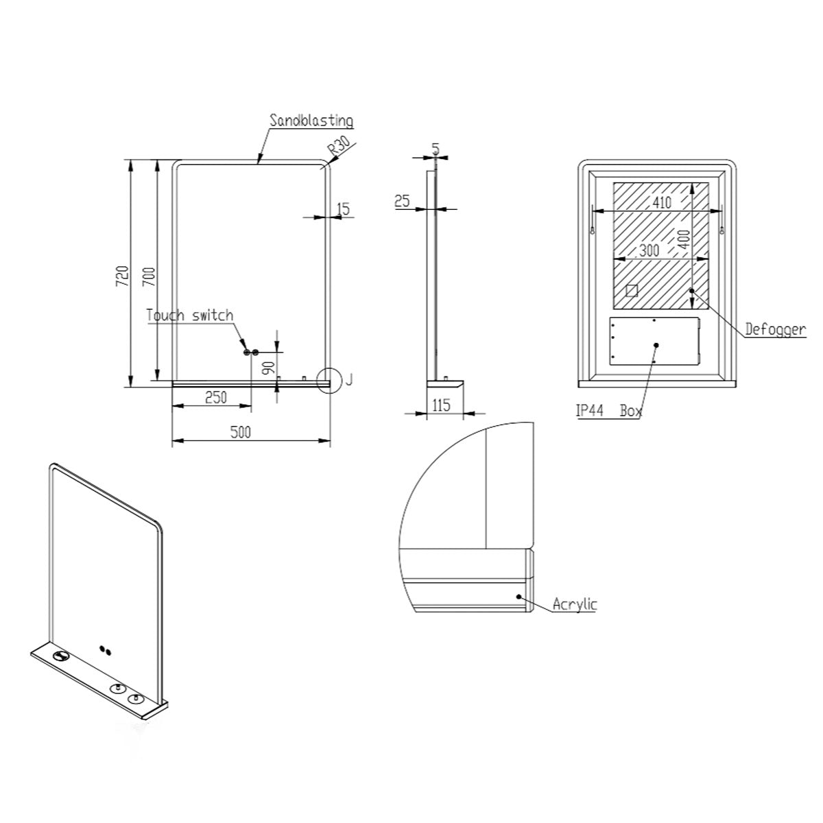 Eliseo Ricci Sync 700 x 500mm LED Mirror with Wireless Phone & Toothbrush Charging Shelf - Technical drawing