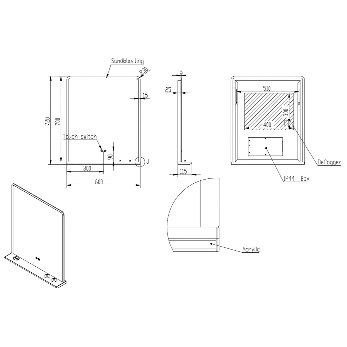 Eliseo Ricci Sync 700 x 600mm LED Mirror with Wireless Phone & Toothbrush Charging Shelf - Technical drawing