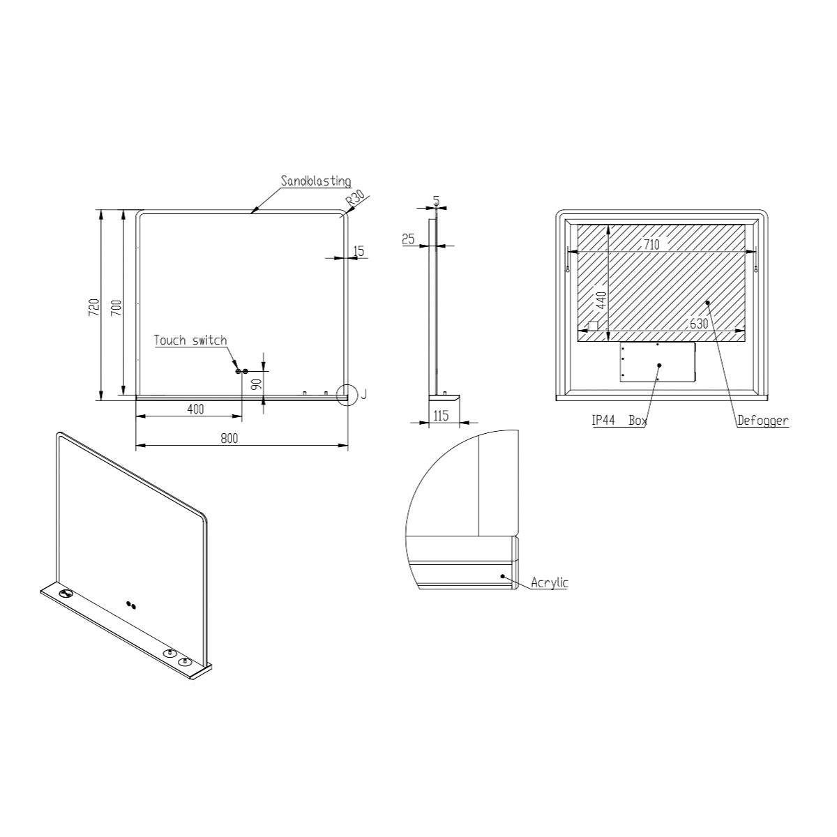 Eliseo Ricci Sync 700 x 800mm LED Mirror with Wireless Phone & Toothbrush Charging Shelf - Technical drawing