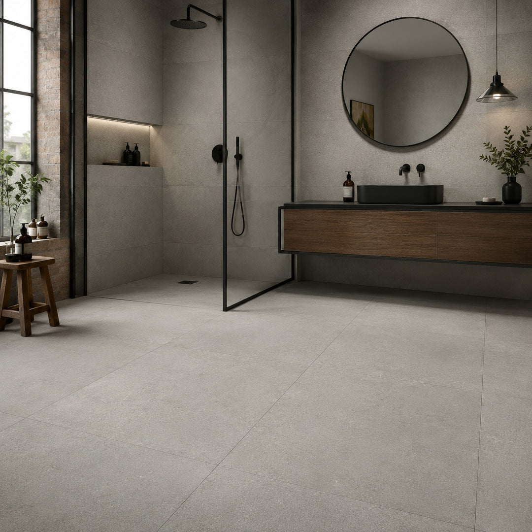 Large-format light gray stone-look bathroom floor tiles in a modern minimalist bathroom setting.