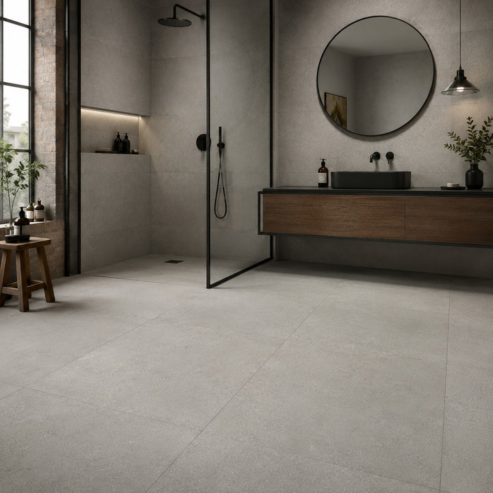 Large-format light gray stone-look bathroom floor tiles in a modern minimalist bathroom setting.