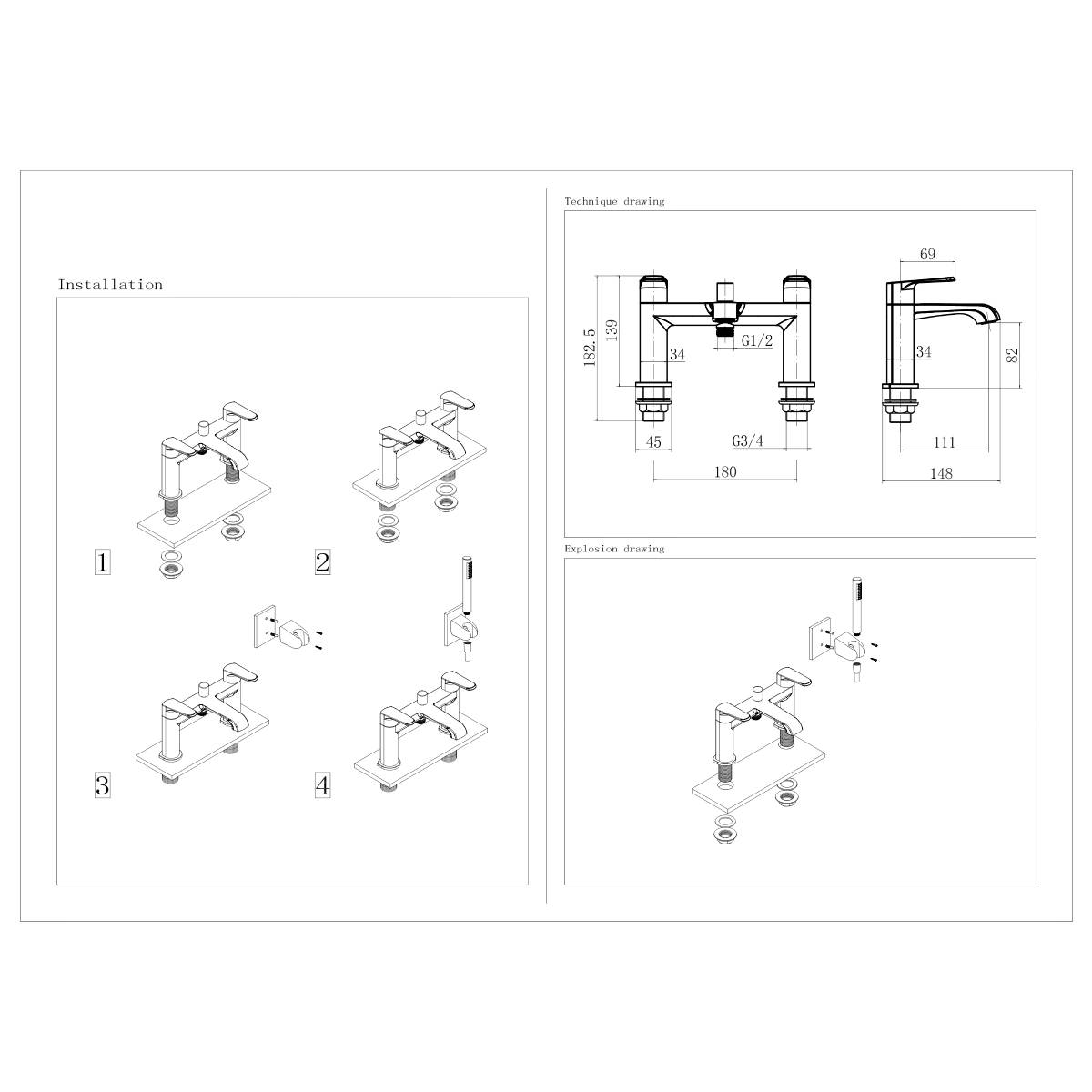 Eliseo Ricci Daytona Bath Shower Mixer - Chrome - Technical drawing