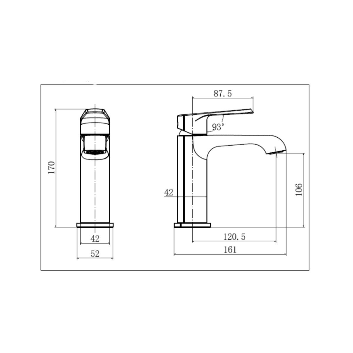 Eliseo Ricci Daytona Mono Basin Mixer - Matt Black - Technical drawing