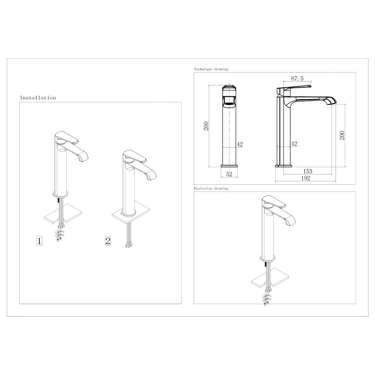 Eliseo Ricci Daytona Tall Mono Basin Mixer - Chrome - Technical drawing