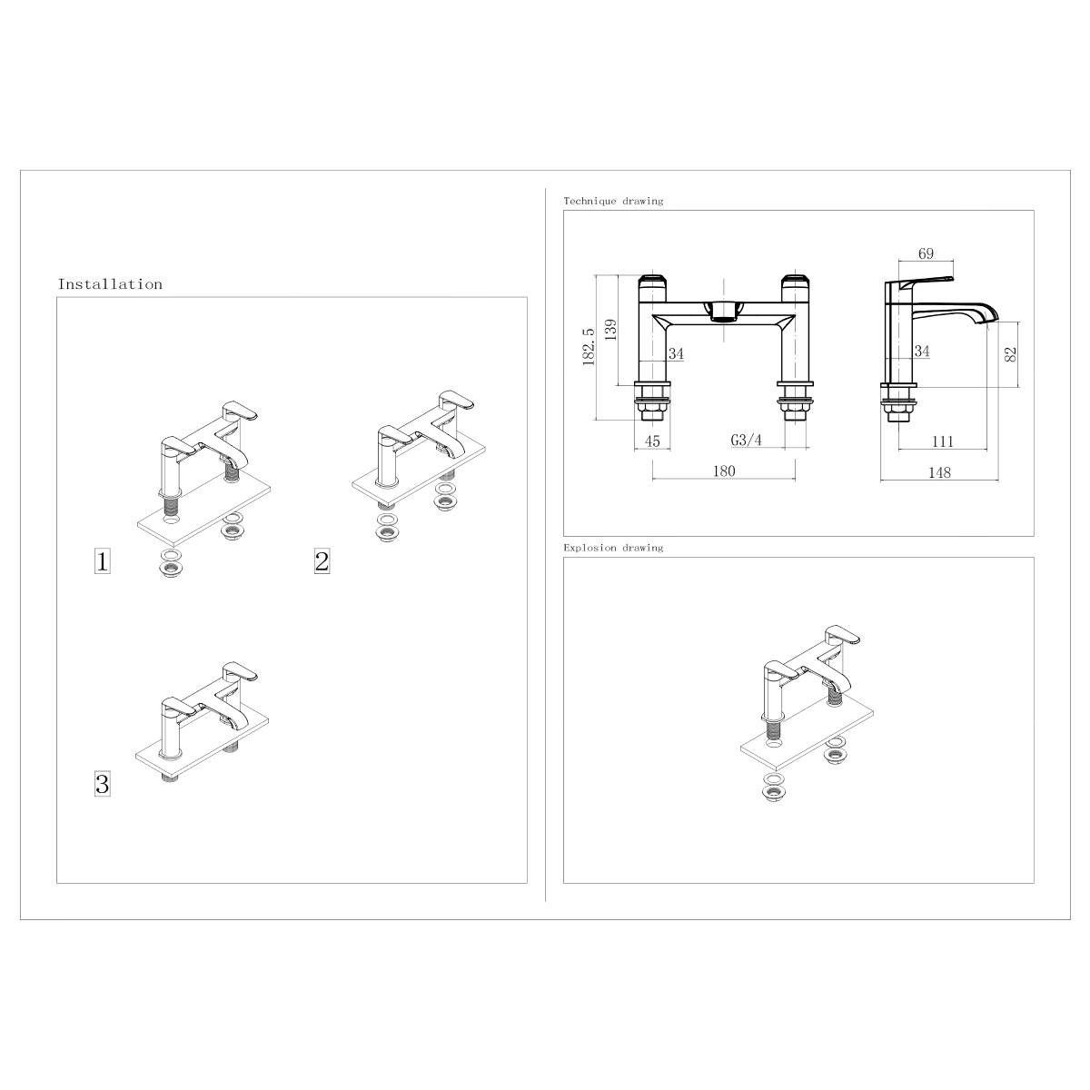 Eliseo Ricci Daytona Bath Filler - Matt Black - Technical drawing