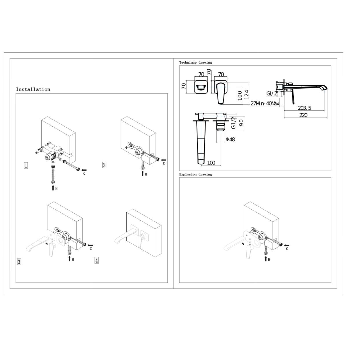 Eliseo Ricci Daytona Wall Mounted Bath Filler - Chrome - Technical drawing