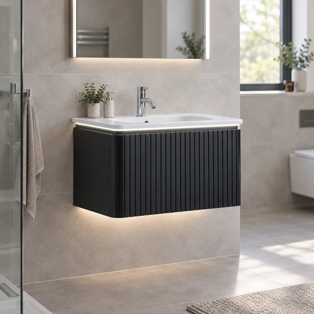 Monaco matt black fluted wall mounted vanity unit with LED underlighting in a neutral modern bathroom