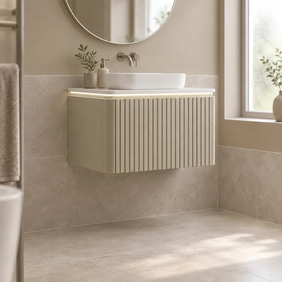Monaco matt sand fluted wall mounted vanity unit with LED strip light, white worktop and countertop basin in a beige tiled bathroom