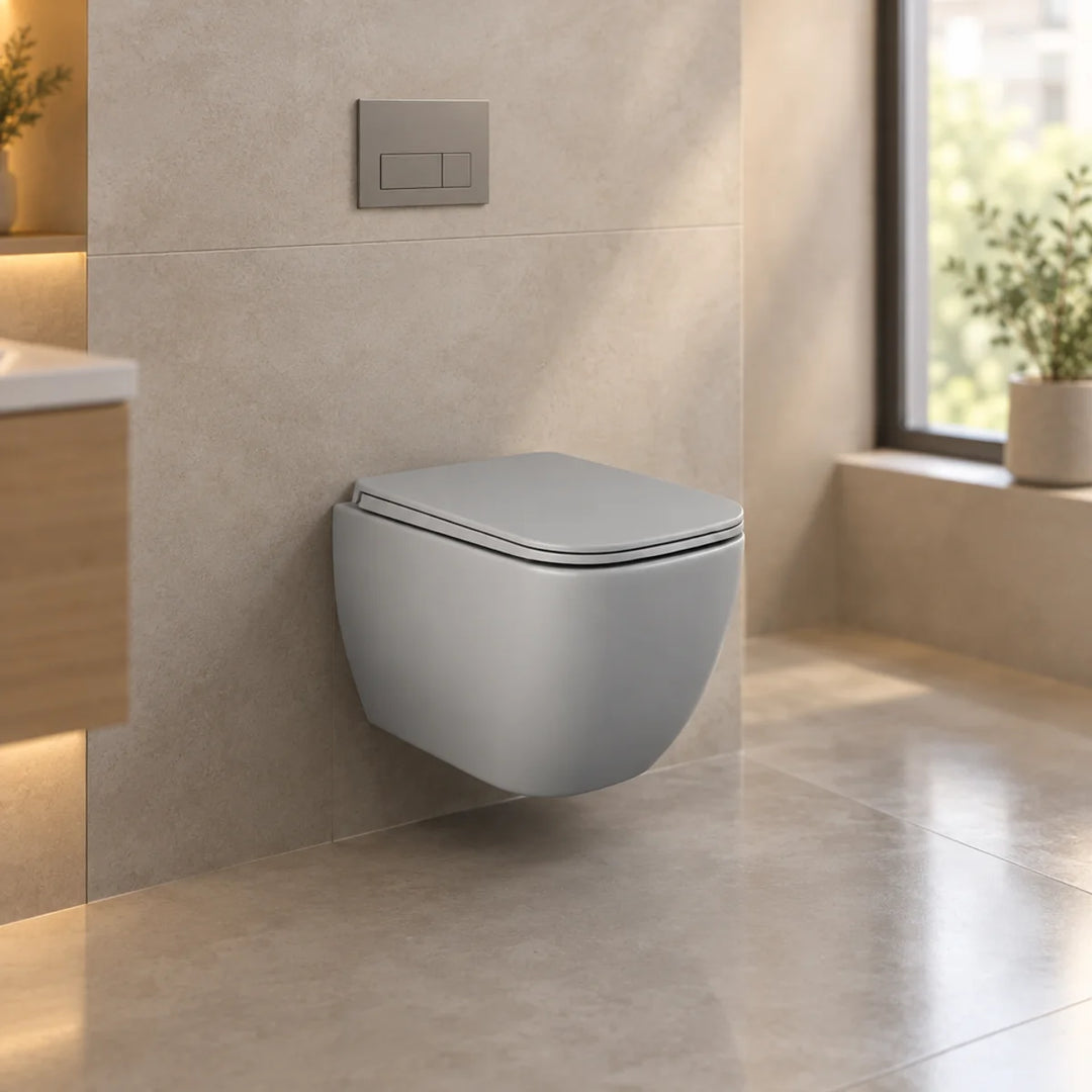 RAK Ceramics Feeling rimless wall hung pan in matt grey with slim seat, shown installed against beige stone tiles beside a window