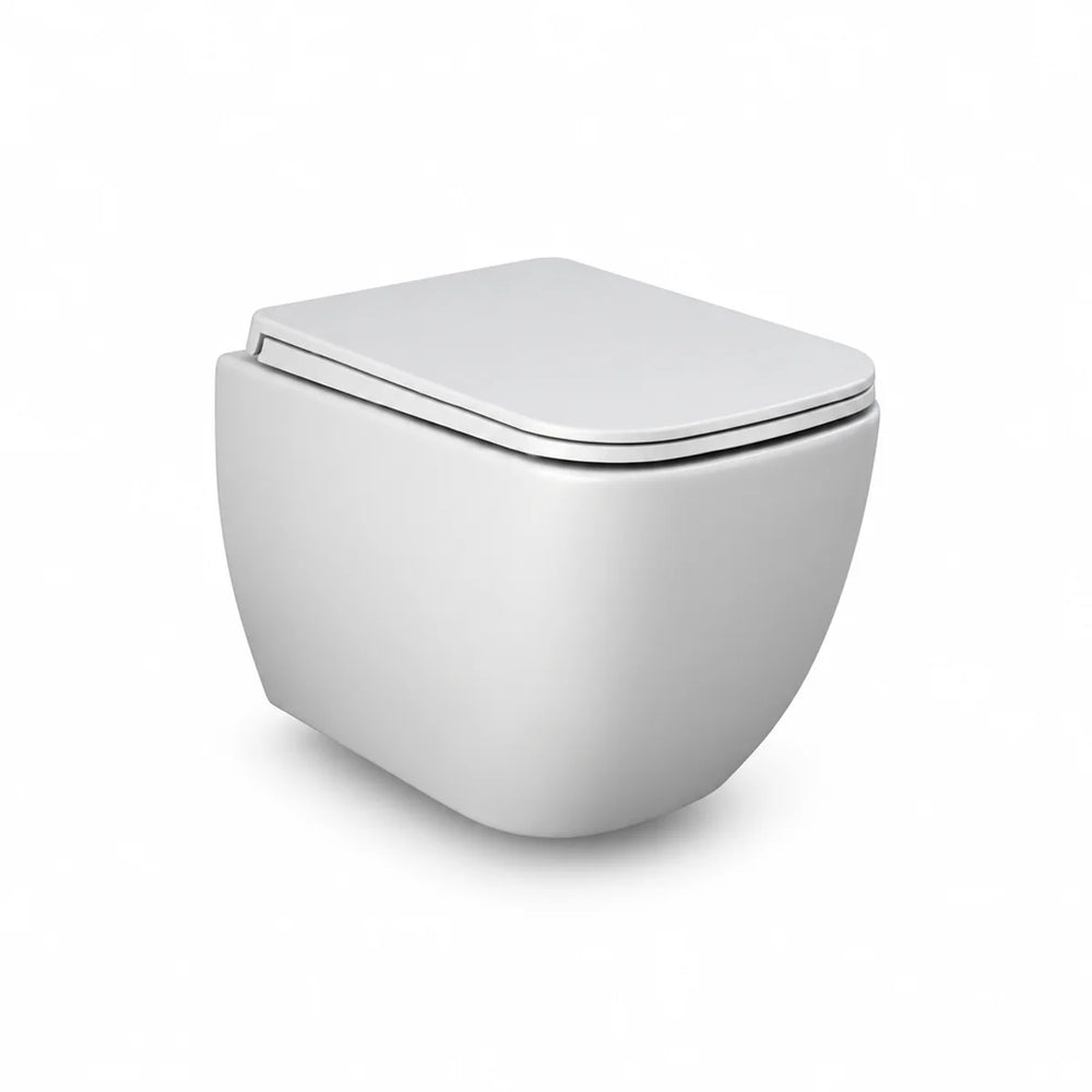 RAK Ceramics Feeling rimless wall hung toilet pan in matt grey with slim closed seat, shown at a three-quarter angle