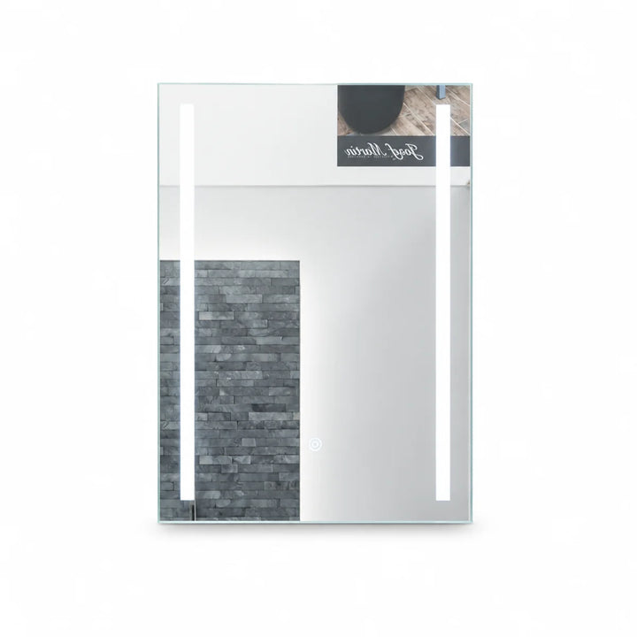 Trax rectangular LED mirror with frosted vertical light strips either side and a touch sensor at the bottom, front view