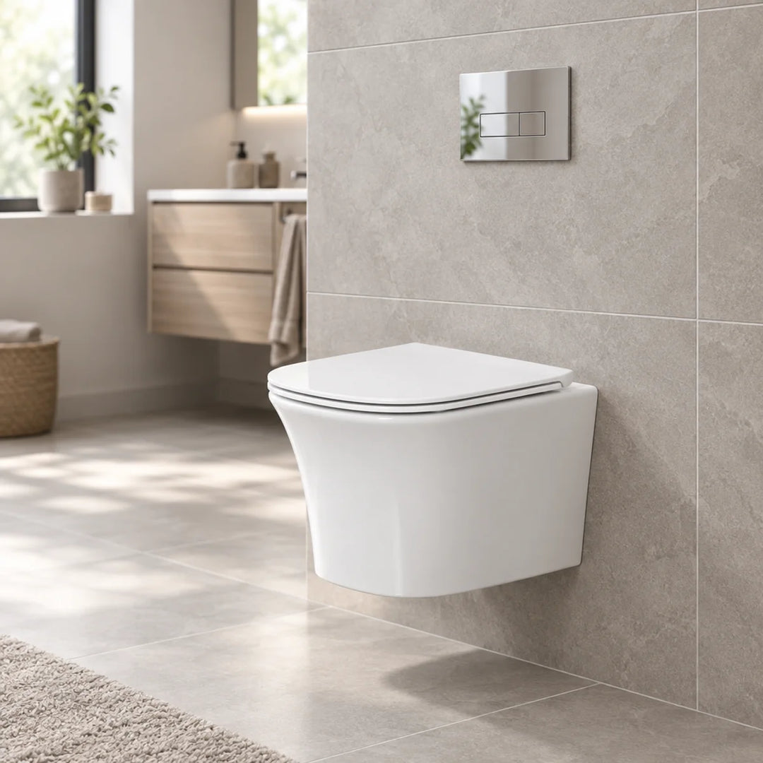 Munich wall hung toilet in white with slim seat and chrome flush plate, shown installed against grey stone-effect tiles in a bathroom