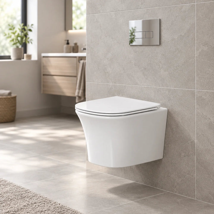 Munich wall hung toilet in white with slim seat and chrome flush plate, shown installed against grey stone-effect tiles in a bathroom