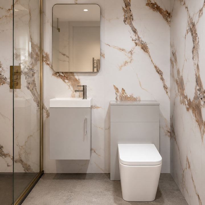 Mito WC Pack in Pearl Grey Matt featuring a 400mm wall-hung vanity unit with compact basin, matching 500mm WC unit, back-to-wall toilet with soft close seat, chrome basin mixer and matching waste.