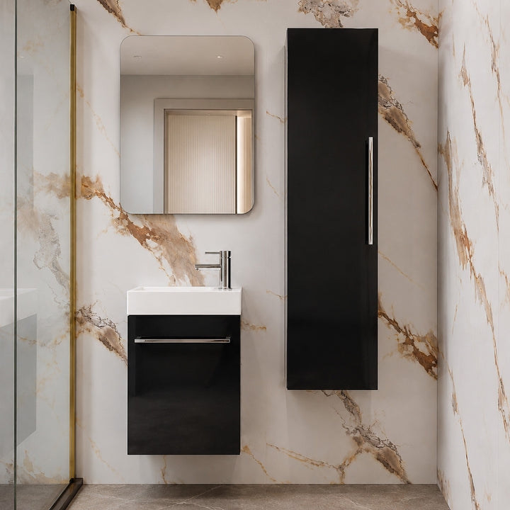 Mito wall-hung vanity and tall boy furniture pack in charcoal gloss with compact white basin, chrome bar handles, chrome basin mixer tap and matching slotted basin waste.