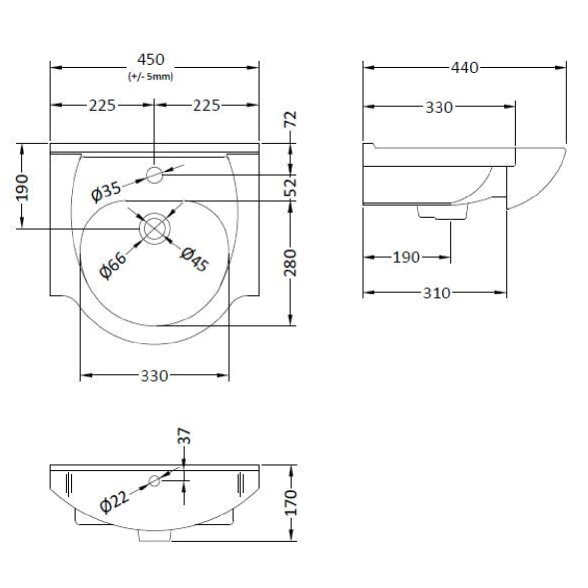 Nuie Mayford Round 450mm Vanity Basin - Technical drawing