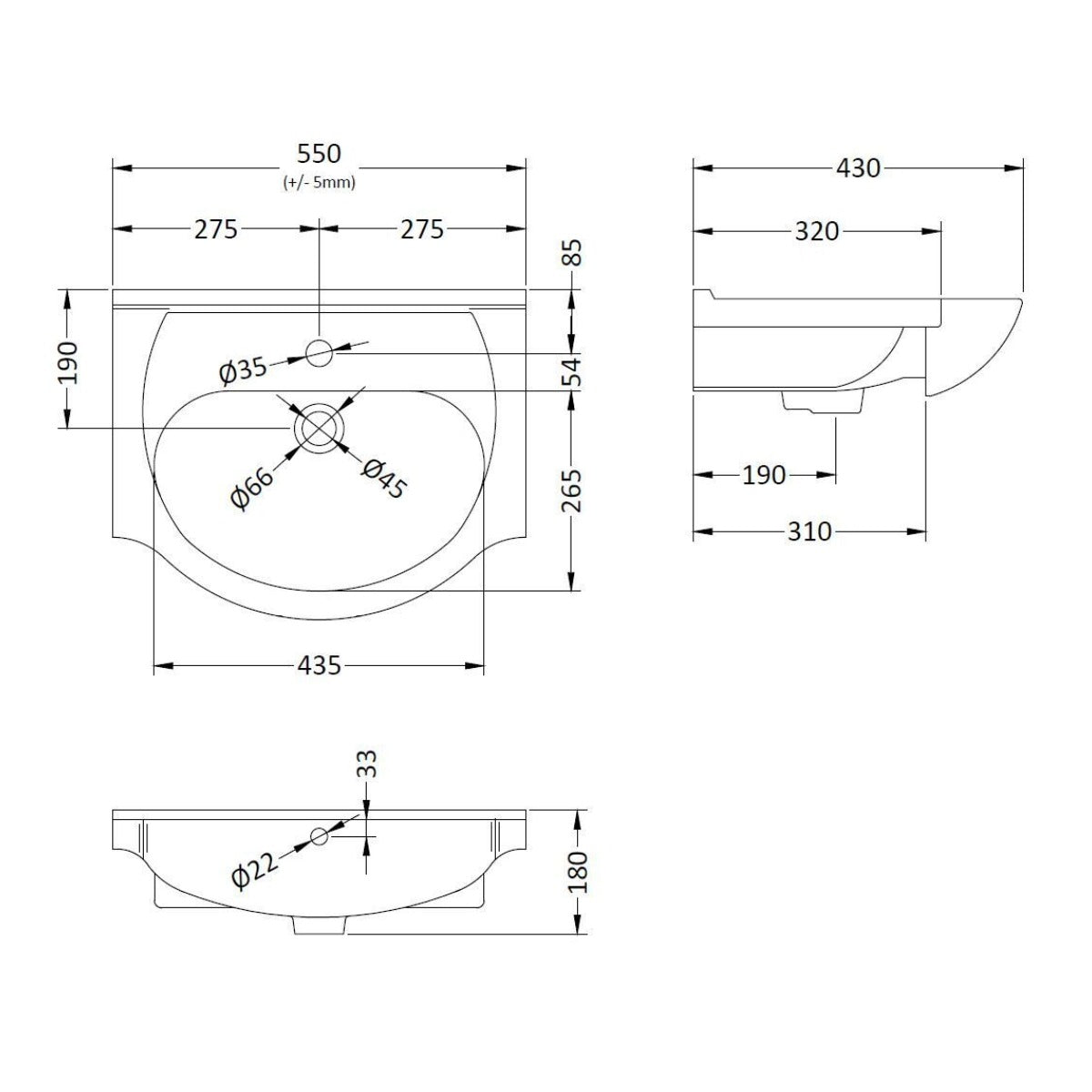Nuie Mayford Round 550mm Vanity Basin - Technical drawing