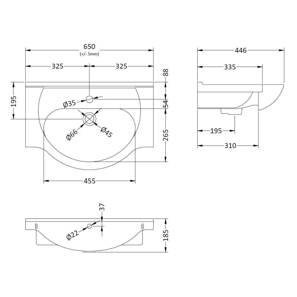 Nuie Mayford Round 650mm Vanity Basin - Technical drawing