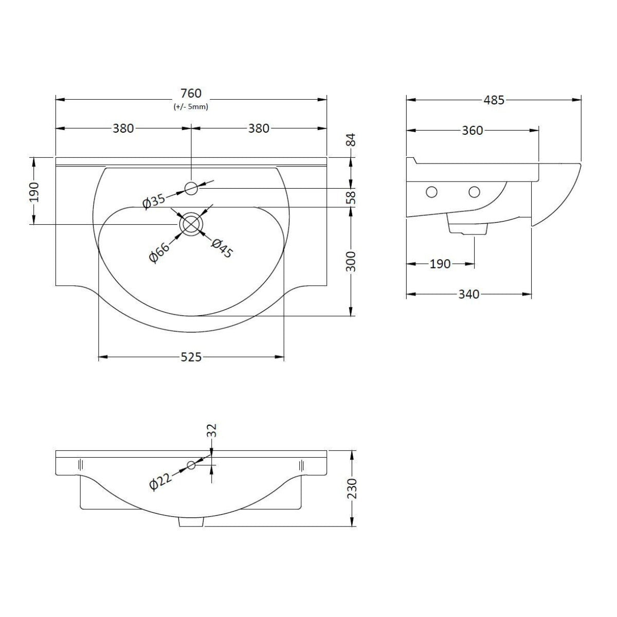 Nuie Mayford Round 750mm Vanity Basin - Technical drawing