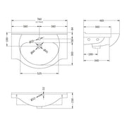 Nuie Mayford Round 750mm Vanity Basin - Technical drawing