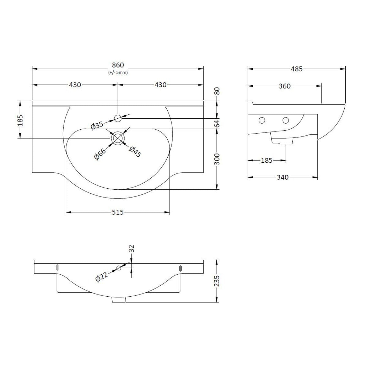 Nuie Mayford Round 850mm Vanity Basin - Technical drawing