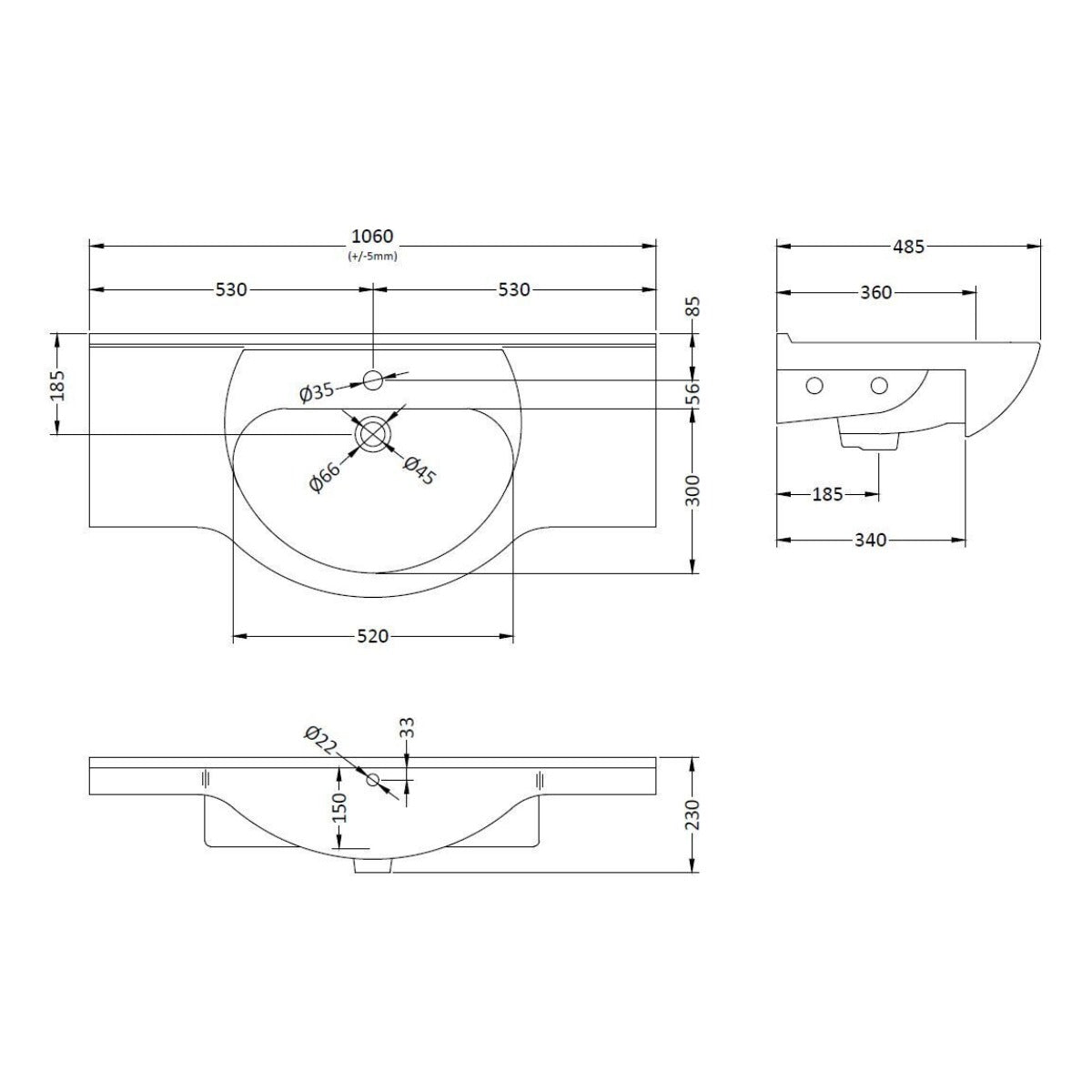 Nuie Mayford Round 1060mm Vanity Basin - Technical drawing