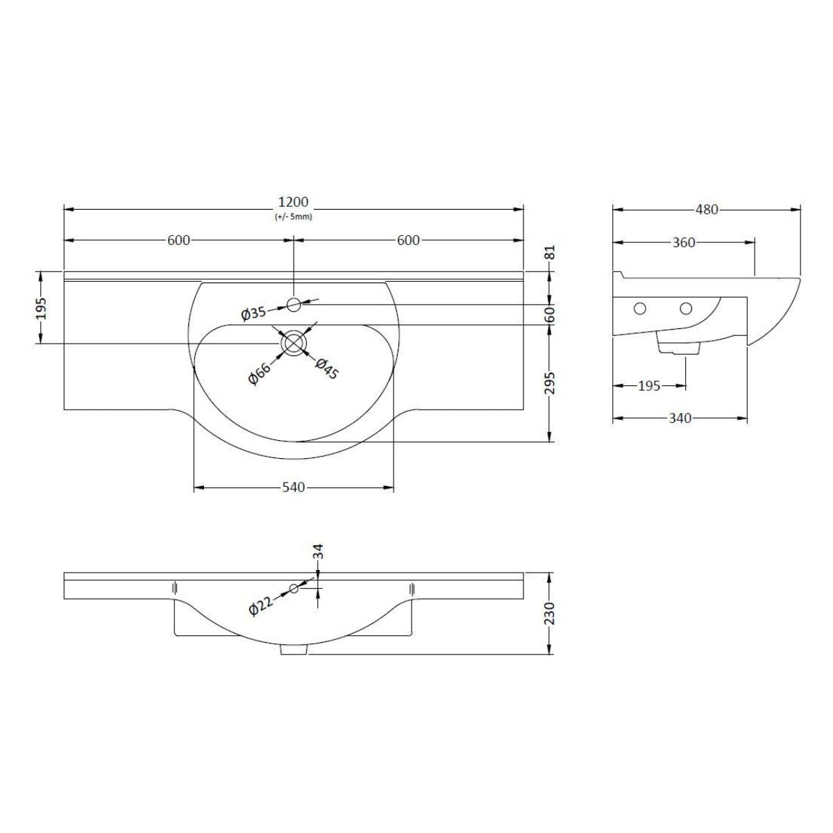 Nuie Mayford Round 1200mm Vanity Basin - Technical drawing